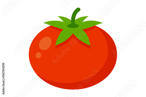 A vibrant red tomato icon with green leaves on a white background