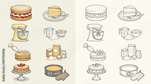 A collection of illustrations depicting various stages of cake baking, from ingredients and tools to finished cakes.
