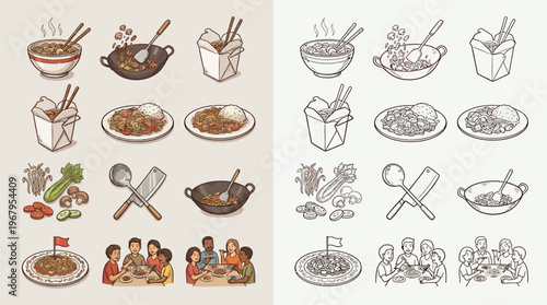 Collection of hand-drawn illustrations depicting various Asian food dishes, ingredients, and dining scenes, presented in both color and line art.