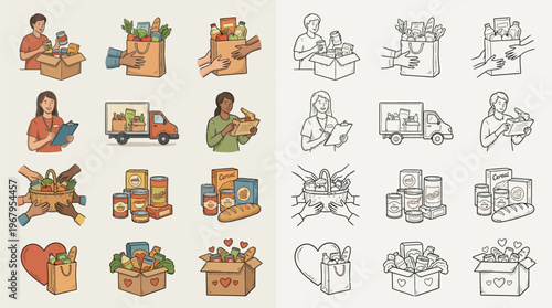 Collection of illustrations depicting various aspects of food donation and charity, including packing, delivery, and community support.
