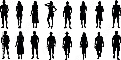 Vector silhouettes set of men and women standing and walking in casual clothing isolated on white background for lifestyle design.