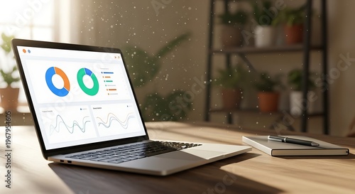 Laptop on desk with business graphs and charts on screen, office workspace with notebook and plants