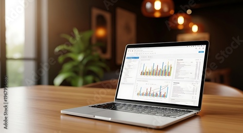 Laptop on wooden desk, business data analysis, colorful graph on screen, office background