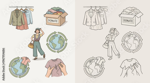 Illustration of clothing donation and recycling with a woman and global symbols, depicting sustainable fashion practices.