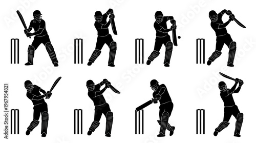 Cricket Batting Techniques Vector Silhouettes Stance Backlift Defensive Cover Drive Pull Shot Lofted Straight Sweep Follow Through Sports Illustration Graphic Design Collection