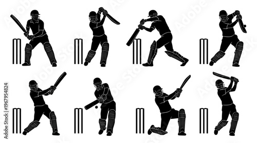 Cricket Batting Techniques Vector Silhouettes Stance Backlift Defensive Cover Drive Pull Shot Lofted Straight Sweep Follow Through Sports Illustration Graphic Design Collection