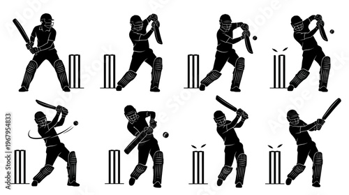 Cricket Batting Techniques Vector Silhouettes Stance Backlift Defensive Cover Drive Pull Shot Lofted Straight Sweep Follow Through Sports Illustration Graphic Design Collection