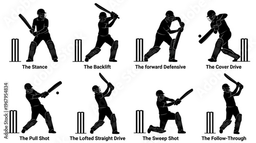 Cricket Batting Techniques Vector Silhouettes Stance Backlift Defensive Cover Drive Pull Shot Lofted Straight Sweep Follow Through Sports Illustration Graphic Design Collection