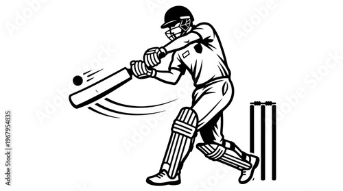 Cricket Player Vector Illustration Batting Silhouette Sports Dynamic Action Wicket Stumps Ball Helmet Gloves Pads Graphic Design Outline Poster Clipart Artwork Collection