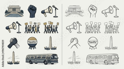 Collection of stylized icons representing civil rights and protest movements, including buildings, raised fists, microphones, marchers, and buses.