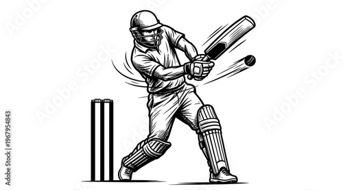 Cricket Player Vector Illustration Batting Silhouette Sports Dynamic Action Wicket Stumps Ball Helmet Gloves Pads Graphic Design Outline Poster Clipart Artwork Collection
