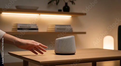 Smart speaker on wooden table, modern home interior, voice assistant device, living room technology