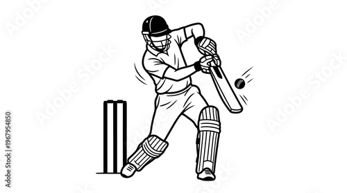 Cricket Player Vector Illustration Batting Silhouette Sports Dynamic Action Wicket Stumps Ball Helmet Gloves Pads Graphic Design Outline Poster Clipart Artwork Collection