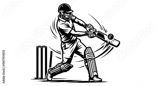 Cricket Player Vector Sketch Batting Motion Impact Ball Pads Helmet Dynamic Action Sports Illustration Graphic Design Outline Silhouette Poster Clipart Artwork Collection
