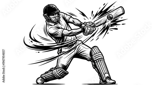 Cricket Player Vector Sketch Batting Motion Impact Ball Pads Helmet Dynamic Action Sports Illustration Graphic Design Outline Silhouette Poster Clipart Artwork Collection