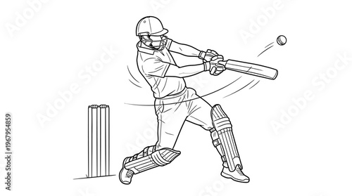 Cricket Player Vector Line Art Batting Silhouette Sports Illustration Dynamic Action Wicket Stumps Ball Helmet Gloves Pads Graphic Design Outline Poster Clipart