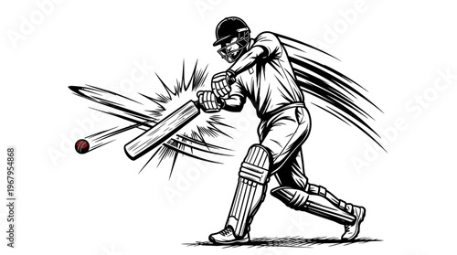 Cricket Player Vector Sketch Batting Motion Impact Ball Pads Helmet Dynamic Action Sports Illustration Graphic Design Outline Silhouette Poster Clipart Artwork Collection