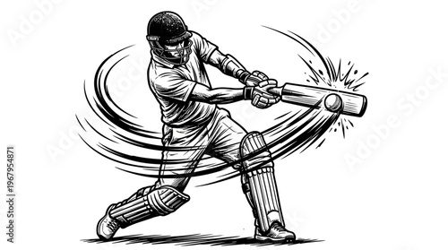 Cricket Player Vector Sketch Batting Motion Impact Ball Pads Helmet Dynamic Action Sports Illustration Graphic Design Outline Silhouette Poster Clipart Artwork Collection