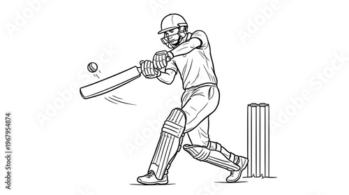 Cricket Player Vector Line Art Batting Silhouette Sports Illustration Dynamic Action Wicket Stumps Ball Helmet Gloves Pads Graphic Design Outline Poster Clipart