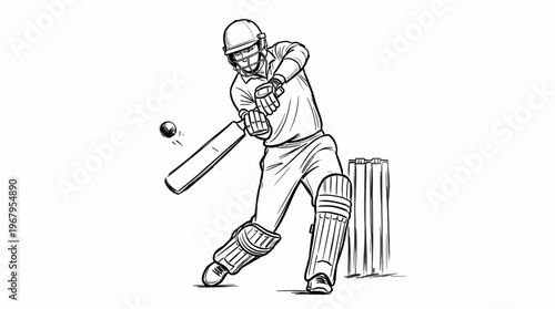 Cricket Player Vector Line Art Batting Silhouette Sports Illustration Dynamic Action Wicket Stumps Ball Helmet Gloves Pads Graphic Design Outline Poster Clipart