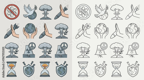 Collection of icons representing peace, nuclear power, war, and environmental concerns, presented in both color and outline versions.