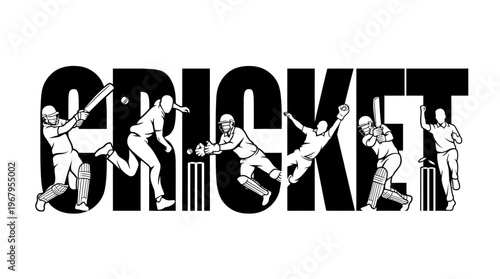 Cricket Vector Typography Design Players Batting Bowling Fielding Wicket Keeping Sports Silhouette Illustration Dynamic Action Letters Creative Art Graphic Collection Poster