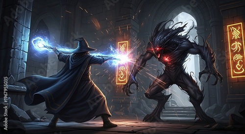 Fantasy monster, dark magic, wizard battle, mythical creature, horror scene