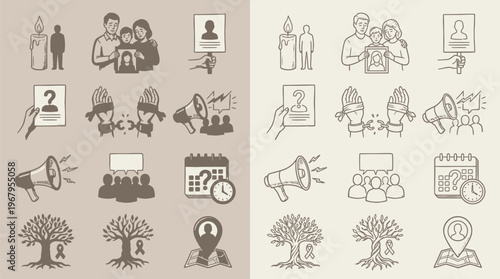 Collection of icons representing social issues, family, community, and remembrance, including candles, people, protest symbols, and a family tree.