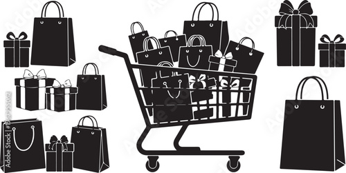 Shopping cart filled with black bags and gift boxes illustration