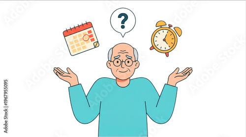Dementia Senior Man Confused About Time and Date Vector Illustration with Calendar Clock and Question Mark Symbolizing Alzheimer Memory Loss and Cognitive Disorientation Awareness
