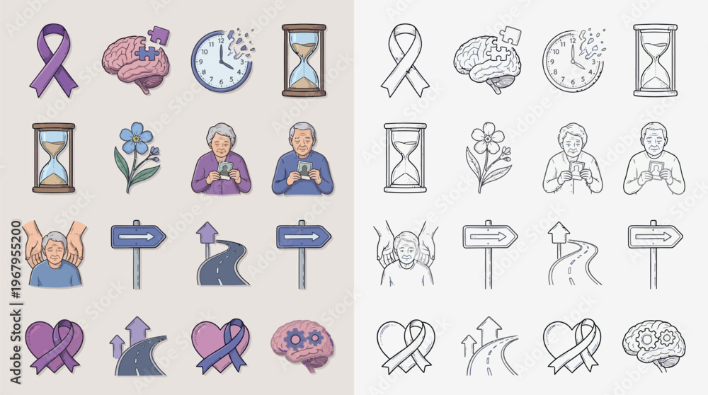 Fototapeta premium A collection of icons representing Alzheimer's disease, dementia, and aging, including symbols for memory loss, time, and care.