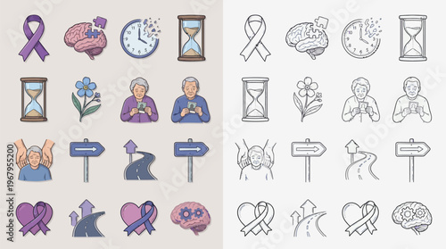 A collection of icons representing Alzheimer's disease, dementia, and aging, including symbols for memory loss, time, and care.