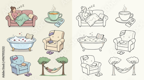 A collection of cozy illustrations depicting relaxing activities like reading on a couch, enjoying tea, taking a bath, and napping in a hammock.