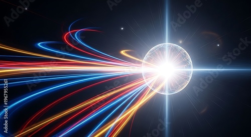 Abstract light trails, colorful swirling lines, glowing orb, futuristic energy concept, neon effects