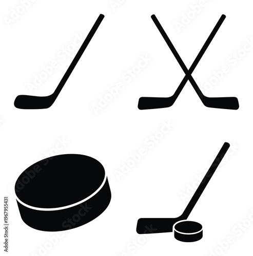Hockey Sticks and Puck Sports Equipment Silhouettes