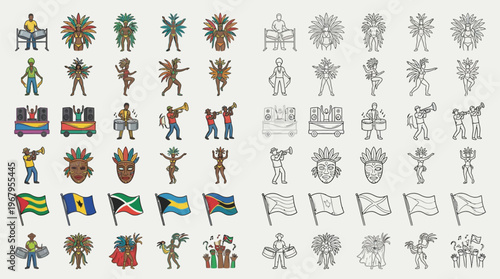 Collection of Caribbean Carnival illustrations featuring dancers, musicians, flags, and masks, presented in both color and sketch.