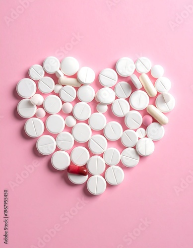 A heart shape crafted from various pills rests upon a smooth pink backdrop, symbolizing medical remedies
