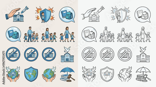 A collection of icons depicting the protection of children and education, with symbols of peace, safety, and justice.
