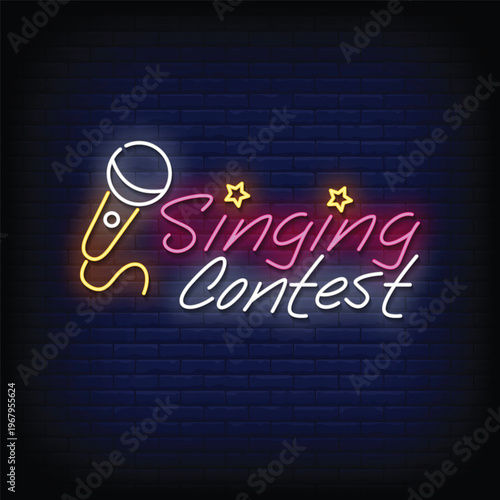 singing contest neon signboard with brick wall background vector