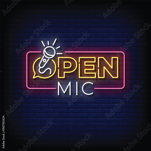 open mic neon signboard with brick wall background vector
