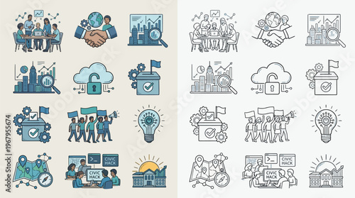 Collection of business and finance related icons in a colorful and sketch style, depicting teamwork, global partnerships, data analysis, and project management.