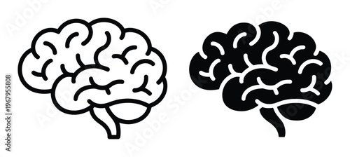 Two stylized brain one outlined and one solid black, on a white background