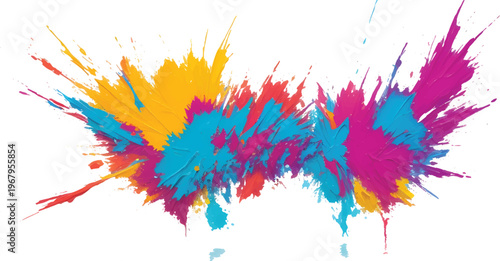 Isolated white background with colorful Holi paint powder explosion frame border and copy space