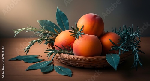 Fresh peaches, ripe fruit, basket arrangement, still life