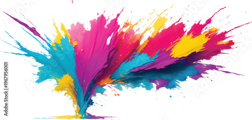 Vibrant round explosion of colorful powder isolated on white background with copy space