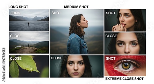 Photography composition shots, camera angles, woman portrait, landscape, close-up, film making elements