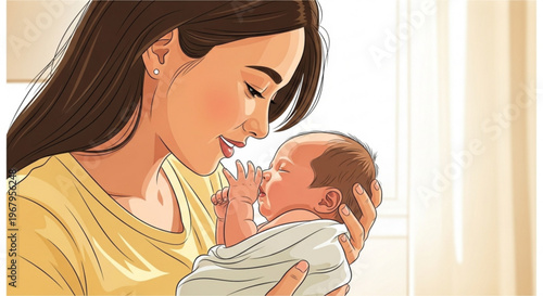 Tender moment of a mother kissing her newborn baby with love and care indoors