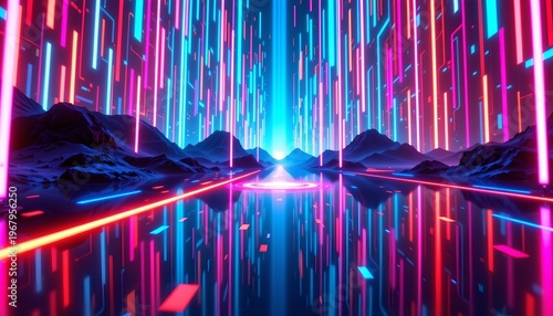 Futuristic Neon Light Particles Over Reflective Digital