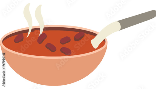 A bowl of chili with a spoon in it, steaming hot and ready to eat