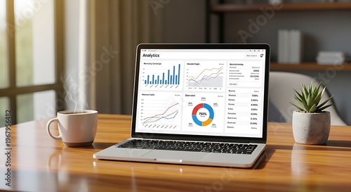 Business data analysis on laptop, office workspace with graphs and charts, financial report on screen, modern desktop setup